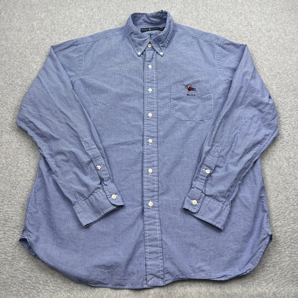 Ralph Lauren Shirt Mens XL Blue Gingham RLYC Yacht Club Flag Pocket Button Down